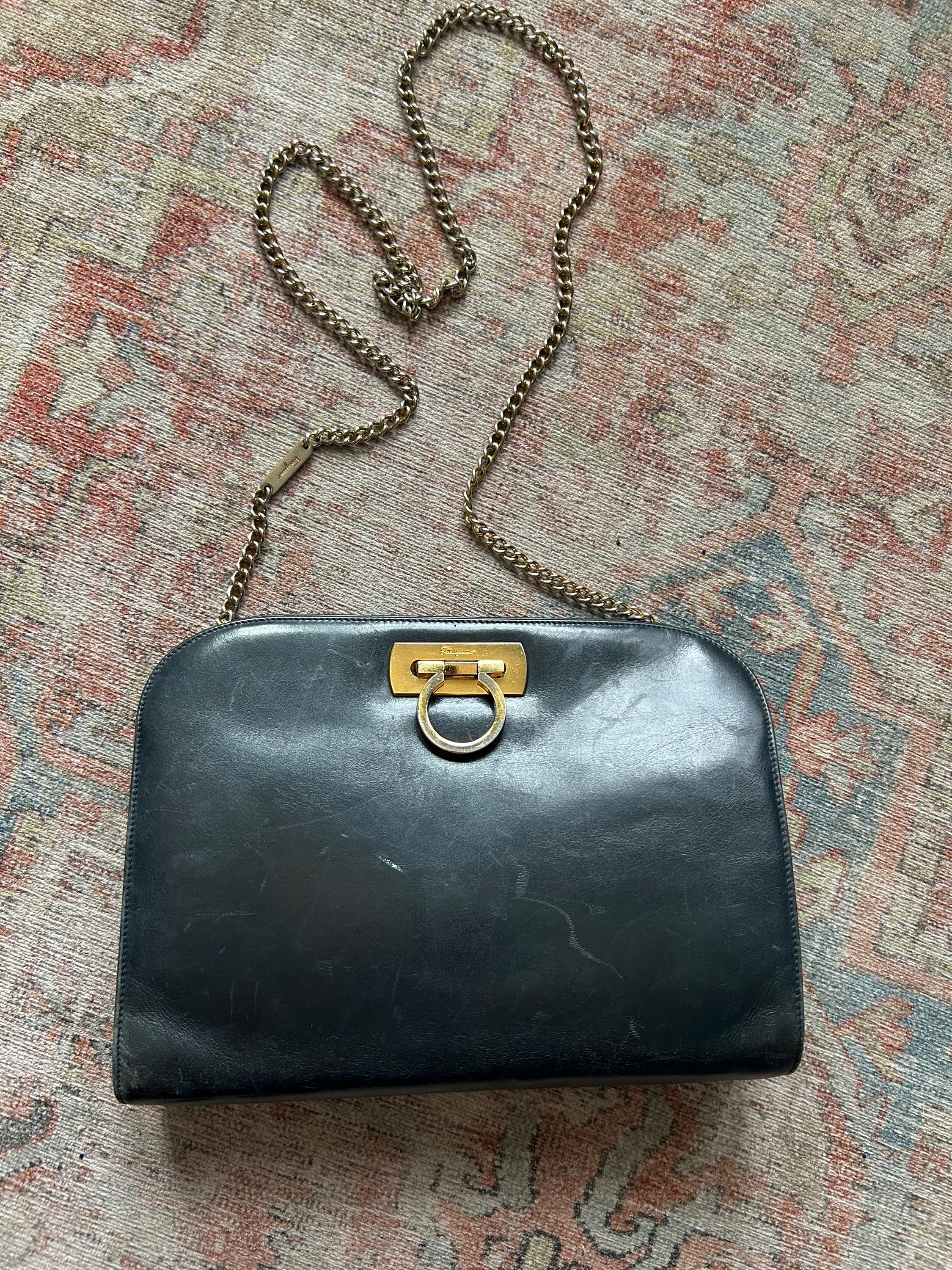Salvatore Ferragamo Black Vintage Chain Leather Gancini Handbag - Etsy