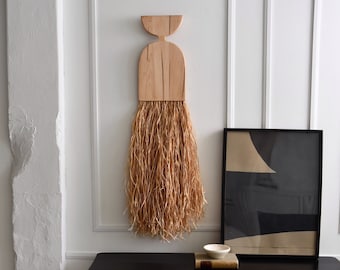 Sculptural Raffia Wall Hanging: Ambrosia Maple Wood Art Decor