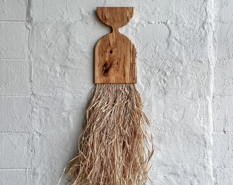 Sculptural Raffia Wall Hanging: Spalted Maple Wood Decor (16"W x 39"H)