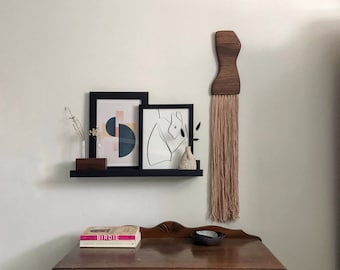 Walnut Wood & Cotton Fiber Art Wall Hanging: Modern Sculptural Decor