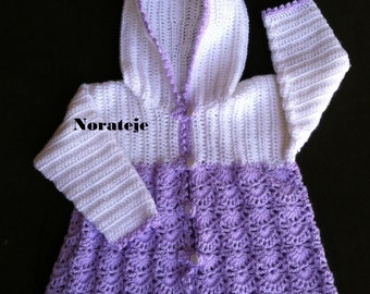Toddler crochet hoodie purple fan stitch.
