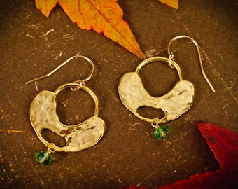 Gold Shiny Hammered Horseshoe Dangle Earrings w/ Green Topaz - Simple Minimalist