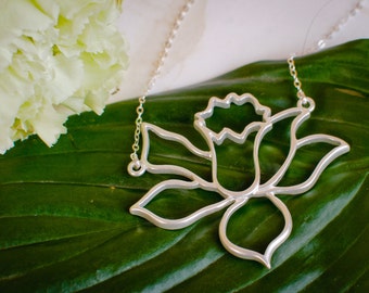 Flower Statement Necklace - Large Silver Daffodil Necklace - Silver Striking Necklace - Silver Lotus Necklace