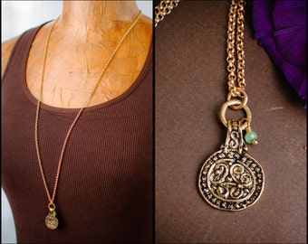 Long Tribal Brass Ornate Round African Shield w Green Jade Gem Stone Accent Necklace