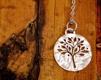 Silver Tree of Life Necklace - Round Sterling Silver Pendant with a pierced tree design.