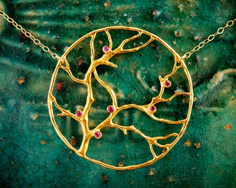 Gold Cherry Blossom Necklace with Red Ruby- Large Family Tree of Life Branch