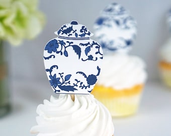 Zestaw 24 przystawek do babeczek/przystawek w stylu Chinoiserie Toile z imbirowym słoikiem