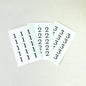 May include: Three white cards with black numbers printed on them. The cards are arranged in a fan shape. The numbers on the cards are 1, 2, and 3.