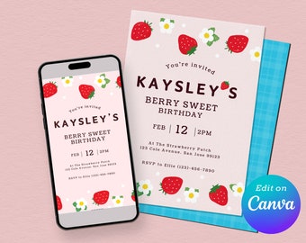 May include: A pink and white birthday invitation with a strawberry theme. The invitation says "You're invited to Kaysley's Berry Sweet Birthday" with the date and time "Feb 12 2PM". The invitation also includes the location "At The Strawberry Patch 123 Cole Avenue. San Jose 99123" and RSVP information.