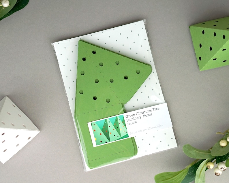 Green Christmas Tree 3in1 Luminaries Favor Box Set of 6