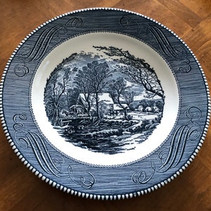 Vintage Royal China (USA) | Jeanette "Currier & Ives" - Set of Four Dinner Plates, Blue and White Ironstone Transferware, Old Grist Mill