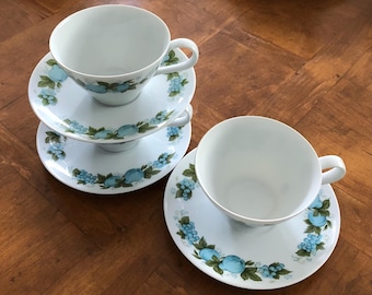 Noritake Blue Orchard Cook N Serve China Cups & Saucers Set of 3