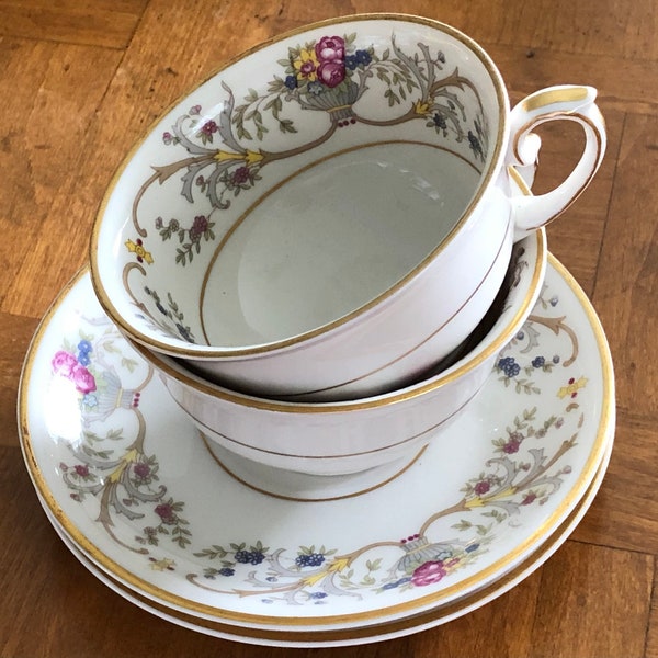 Lamberton Ivory China "Dorothea" - Two Teacups and Two Saucers, Blue and Pink Floral Teacup Set, Gold Trim China Teacup Set, Tea Party China