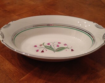 Vintage Syracuse China Old Ivory &quot;Coralbel&quot; Pink and Green Floral Oval Serving Bowl, Platinum Trim