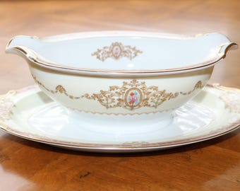 Noritake "Cameo" Red and Gold Pattern - Gravy Boat With Attached Underplate, Gravy Server, Gravy Pitcher, Sauce Boat