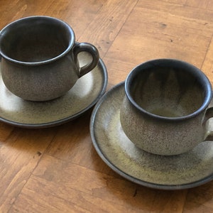 Vintage Denby Stoneware Denby Pottery &quot;Romany Brown&quot; - Set of Two English Pottery Cups and Saucers