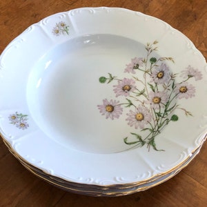 Vintage Bohemia Ceramic BOH25 Daisy Pattern - Set of Four Gold Trimmed Floral China Rimmed Soup Bowls, Bohemia China Bowls