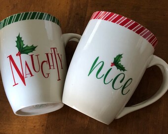 Naughty Nice Coffee Mug Cup Set 2 Stackable 14 oz Christmas Holiday Red White 