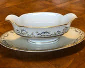 Haviland (Theodore) Limoges France Pattern H2314 Blue Floral Swags Gold Trim Double-Spouted Gravy Boat, Gravy Server