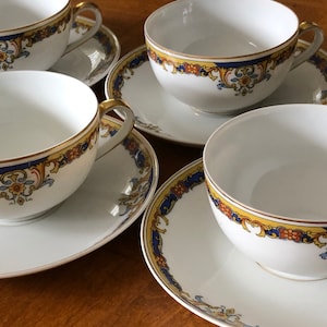 Vintage Epiag &quot;Elyrian&quot; Blue and Gold Bohemian Art Deco Era China - Four Cups and Four Saucers, Czechoslovakian China, Gold Trimmed China