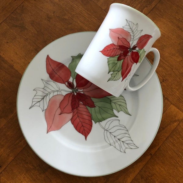 Block China (Portugal) Artist-Designed "Poinsettia" - Salad Plate and Mug Snack Set by Mary Lou Goertzen's Watercolor Series