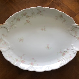 Antique Theodore Haviland &quot;Marie&quot; (Schleiger 161a) - Oval Serving Platter, Pink Floral and Blue Ribbon Bowls, French Limoges China
