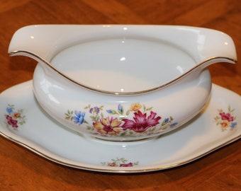 Eschenbach Baronet Bavarian China "Lorna" Pattern Floral China - Double Spouted Gravy Boat With Attached Underplate