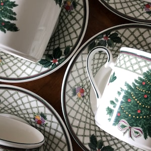 Vintage Mikasa Heritage “Christmas Story” - Four Cups and Four Saucers, Christmas Tree Dishes, Holiday China