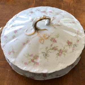 Antique Theodore Haviland &quot;Marie&quot; (Schleiger 161a) - Round Covered Serving Bowl, Pink Floral and Blue Ribbon Bowls, French Limoges China