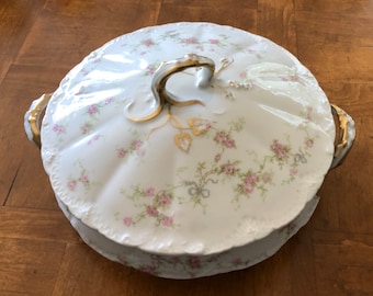 Antique Theodore Haviland &quot;Marie&quot; (Schleiger 161a) - Round Covered Serving Bowl, Pink Floral and Blue Ribbon Bowls, French Limoges China