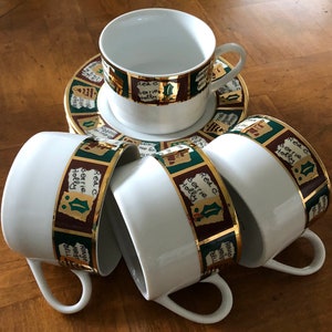 Vintage Pier 1 “Yuletide Greetings” - Four Cups and Four Saucers, Christmas China, Holiday China