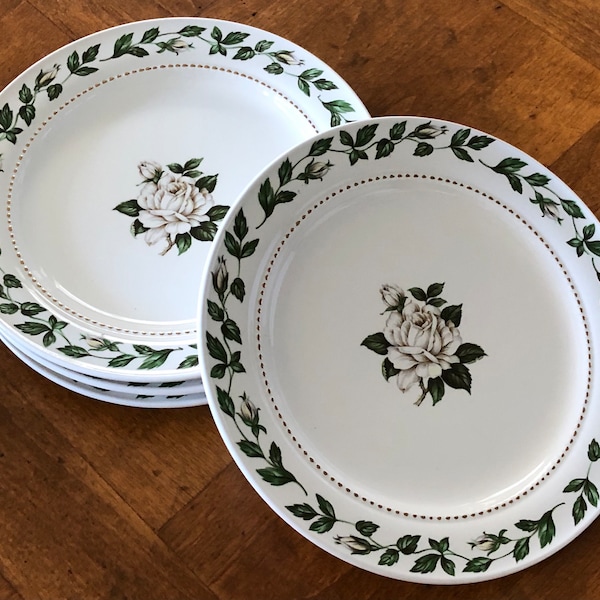 Hall China "Cameo Rose" Set of Four Bread Plates, Small Dessert Plates, White Rose Plates, Tea Party China