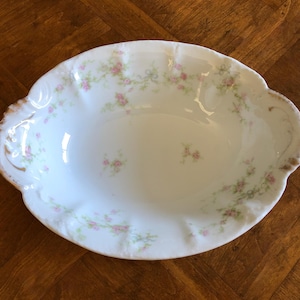 Vintage Theodore Haviland &quot;Marie&quot; (Schleiger 161a) - Oval Serving Bowl, Pink Floral and Blue Ribbon China, French Limoges China