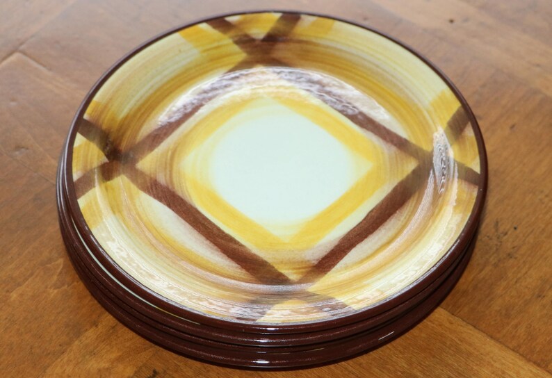 Set of Four Bread or Small Dessert Plates Vernonware Organdie Hand-Painted California Brown and Yellow Plaid Pattern Pottery