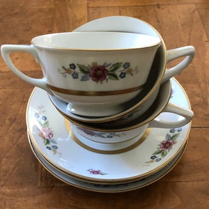 Vintage Warwick China (USA) &quot;Maytime&quot;  Floral Pattern 9575 - Three Cups and Three Saucers, Gold Trim China Teacups, Tea Party China