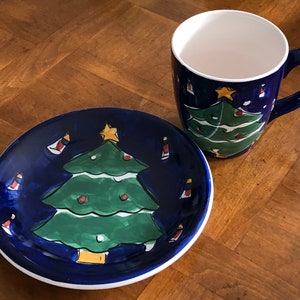 Vintage Gibson Designs “Festive Blue Tree” - Salad Plate and Mug Snack Set