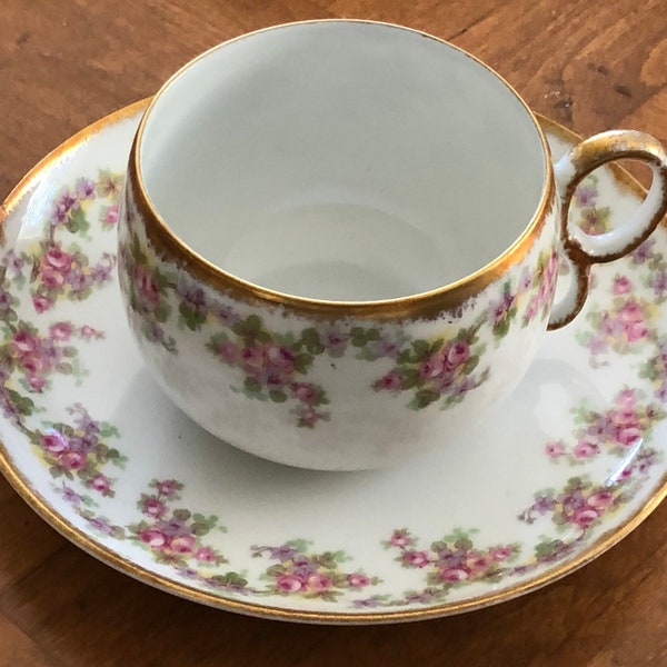 Antique French Limoges by Elite/Elite Works Pattern BWD185 - Single Pink and Lavender Floral Teacup With Saucer