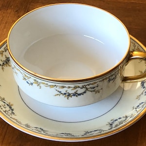 Antique Haviland (Theodore) Limoges France Pattern H2314 Blue Floral Swags Gold Trim Teacup and Saucer, Cup and Saucer Set