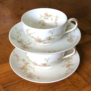 Vintage Haviland &quot;Lucille&quot; (Schleiger 323) - Two Teacups and Two Saucers, Pink Floral and Green Leaves, French Limoges