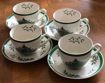 Vintage Spode &quot;Christmas Tree&quot; - Four Cups and Four Saucers, Made in England, Christmas Tea China