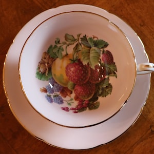 Vintage Royal Grafton English Fine Bone China Tea Cup and Saucer Set, Soft Pink With Fruit Pattern (8259)