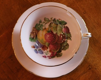 Vintage Royal Grafton English Fine Bone China Tea Cup and Saucer Set, Soft Pink With Fruit Pattern (8259)