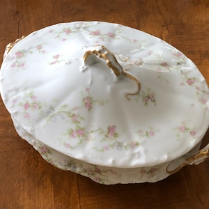 Antique Theodore Haviland &quot;Marie&quot; (Schleiger 161a) - Oval Covered Serving Bowl, Pink Floral and Blue Ribbon Bowl, French Limoges China