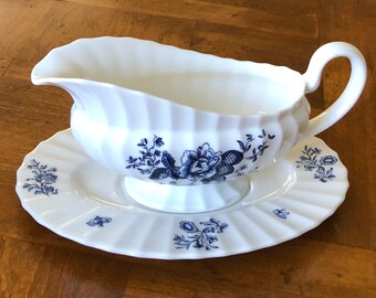 Royal Worcester "Blue Sprays"  - Gravy Boat With Separate Underplate