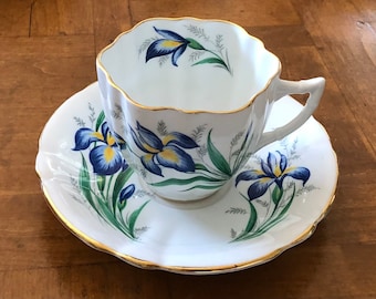 Clarence (England) - Blue Iris Teacup and Saucer, Scalloped Edge China, Gold Trim China, Fine Bone China Teacup and Saucer Set,