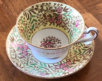 Rosina English Fine Bone China Pattern 4949/F Pink and Purple Floral, Vine and Trellis, Yellow Teacup and Saucer for Tea Parties and Showers