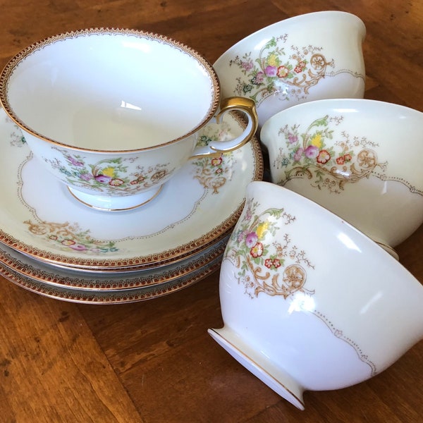 Meito China (Japan) V2066 - Four Teacups and Four Saucers, Hand-Painted Vintage China