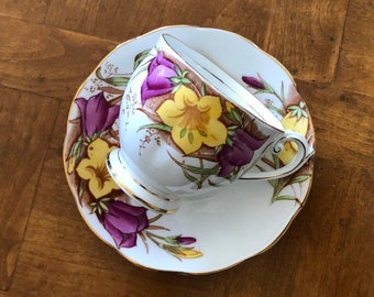 Bell China - Teacup and Saucer Set, Spring Floral Teacup, Yellow and Purple Floral Teacup, English Fine Bone China, Tea Party China