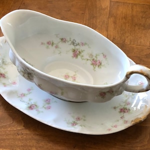 Antique Theodore Haviland &quot;Marie&quot; (Schleiger 161a) - Gravy Server With Separate Underplate, Pink Floral, Blue Ribbons, French Limoges China
