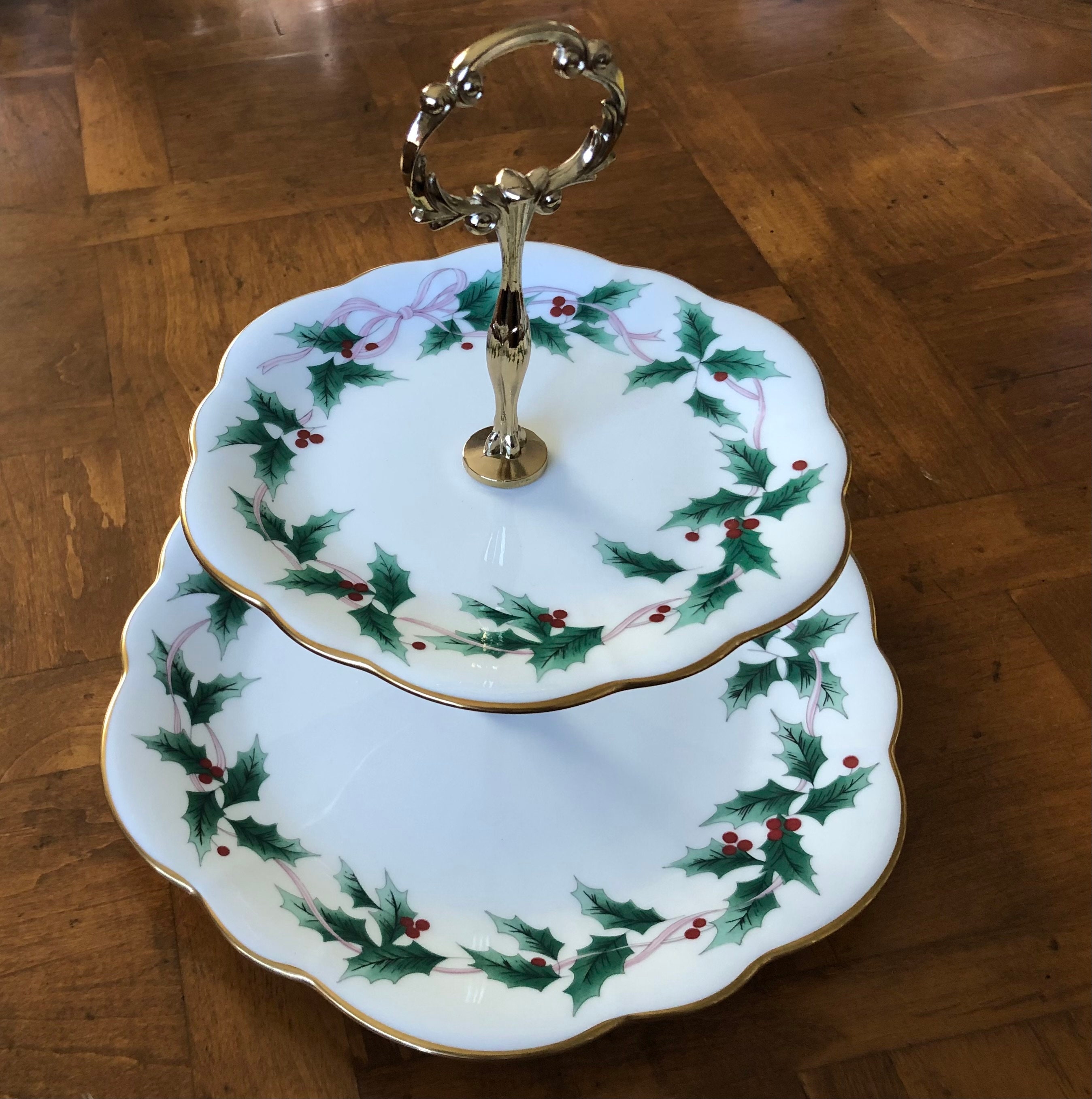 Vintage Mikasa “ribbon Holly” (pattern FX017) - 2-tiered